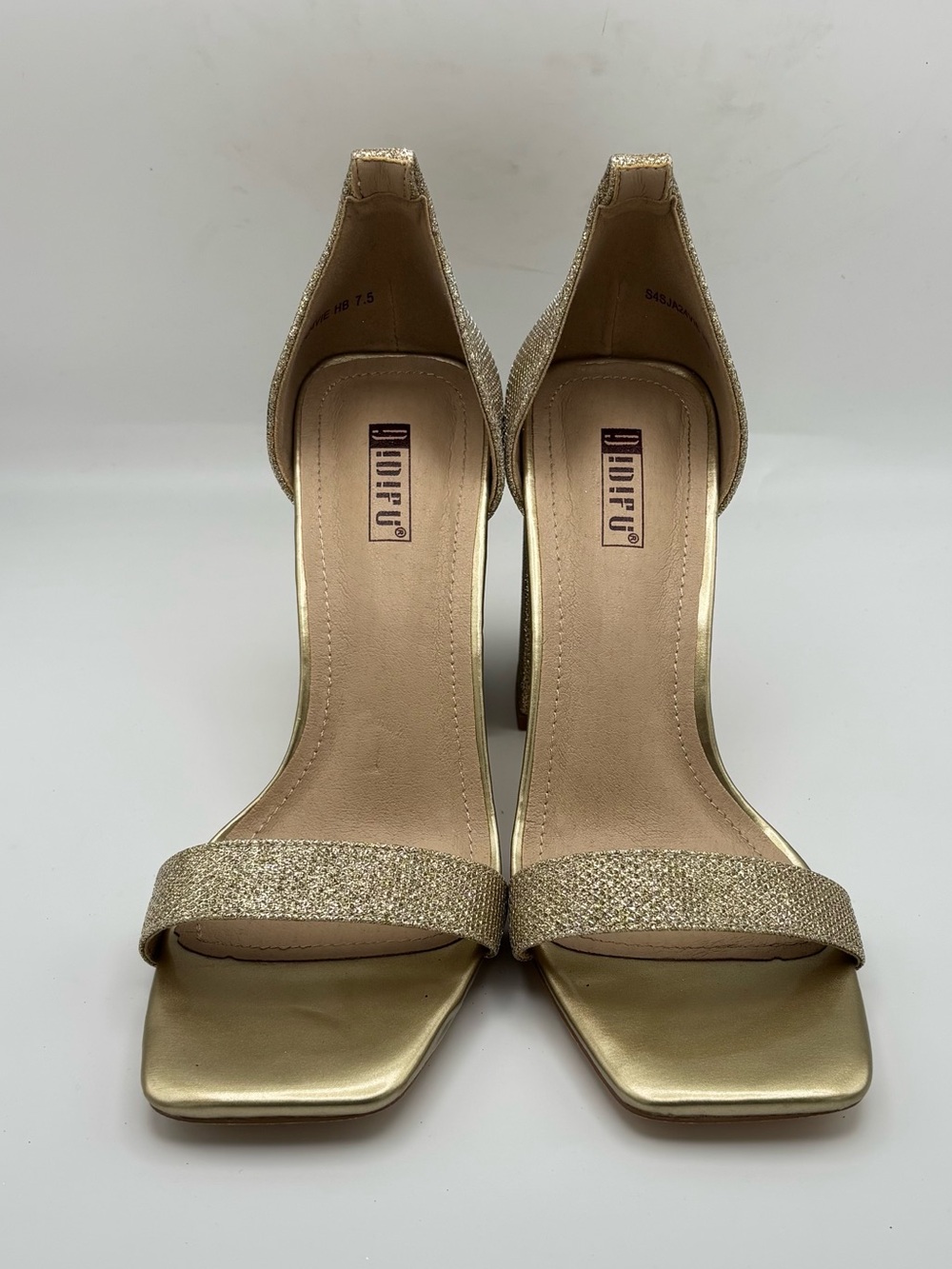 IDIFU Gold Glitter Strappy Block Heel Square Toe Women's Shoes Size 7.5